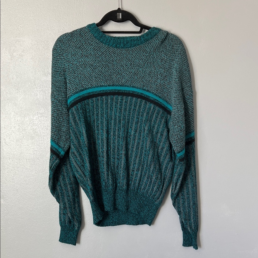 Vintage Weekends Retro Teal Black Knit Grandpa 80s 90s Sweater Med
